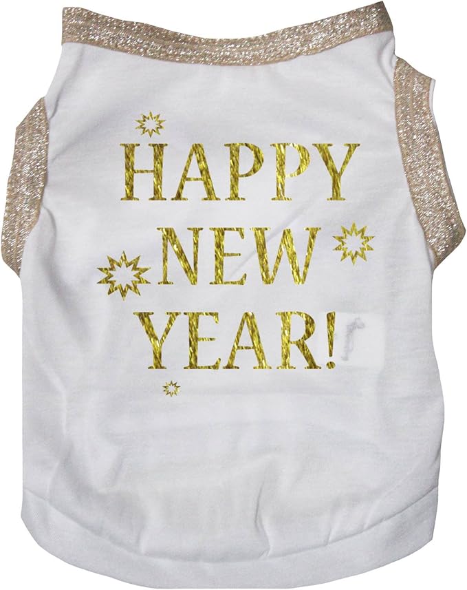 Petitebella Bling Happy New Year Puppy Dog Shirt (White/Gold, Medium)