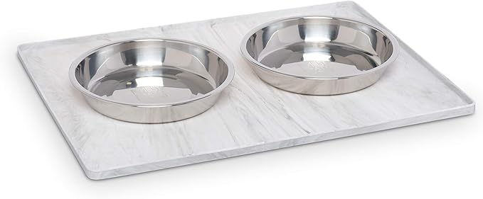 Messy Mutts & Cats Silicone Non-Slip Pet Bowl Mat with Raised Edge | 16” x 12” Dog/Cat Bowl Mat with Spill-Proof Lip | Marble