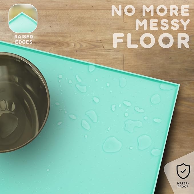 Dog Food Mat - 28x18 Raised Edges Dogs Mat for Food and Water Prevent Spill, Waterproof Cat Food Mats Protect Floors, Easy Clean Dog Bowl Mats for Food and Water, Silicone Pet Feeding Placemats