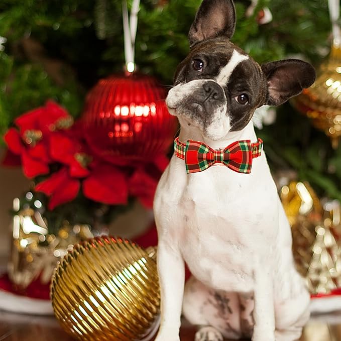 Dog Collar - Christmas Red Plaid Dog Collars Bowtie Gift Puppy Cute Soft Collar with Bow Adjustable Metal Buckle Pet Collar for Small Dogs