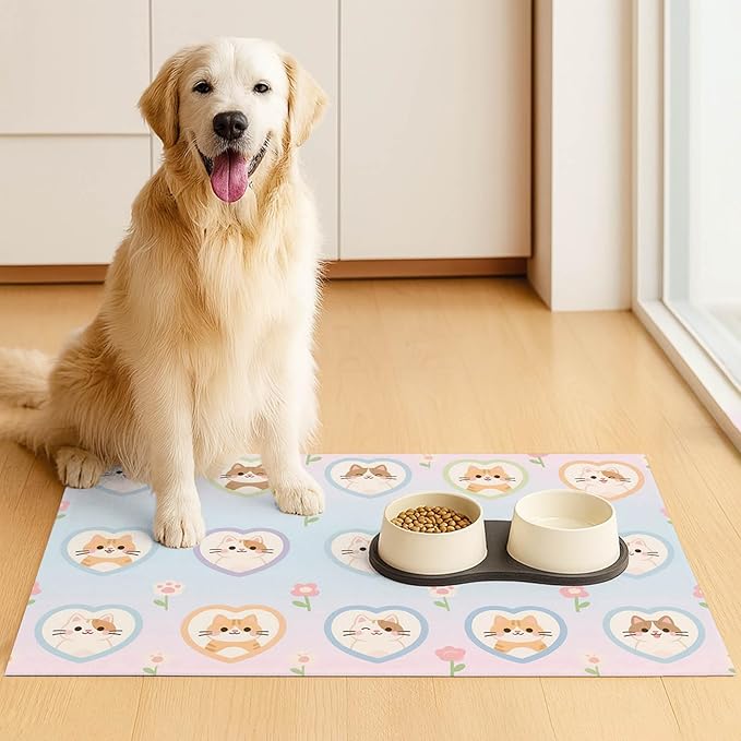 Cat Feedings Mats 20x12 inch Pastel Heart Kitten Print Pet Bowl Placemat Non Slip Mat for Dog Food and Water Indoor Kitty Feeding Station Cute Cats Meal Mat for Small Pets Kitchen Floor Use