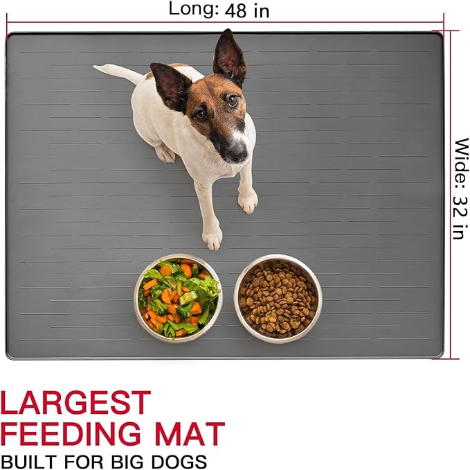 48" x 32" Largest Pet Food Mat, XXXL Silicone Dog Mats for Food and Water, Nonslip Pet Feeding Mats for Floors,Dog Cat Bowl Mat with Raised Edges, Gray Blue