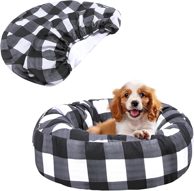 Round Dog Bed Cover Washable Elastic Edged Pet Bed Protector with Black Lattice Pattern Design for Medium & Small Pet Beds, Cover Only (Lattice, 30×9.8 Inch)