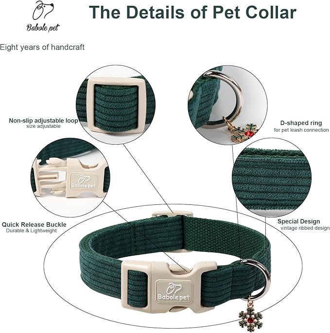 Cute Corduroy Dog Collar - Forest Green Adjustable Dog Collars for X-Large Dogs 80+lbs, Fade-Proof with Secure Snap & Little Charm, Christmas Birthday Gift, XL