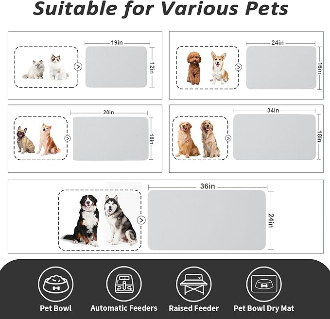 Dog Food Mat - Absorbent Cat Mat for Food and Water, No Stains Pet Feeding Bowl Mat, Easy to Clean Pet Placemats, Quick Dry Dog Water Dispenser Mat for Messy Drinkers | Light Grey 18"x34"