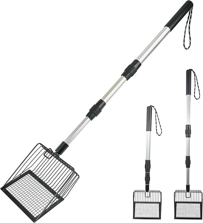 Cat Litter Scoop with Extendable Long Handle, 22.2"-42.5" No Bending Back Metal Kitty Litter Scoop, Large Non-Stick Wide Flat Head Heavy Duty Cat Pooper Scooper