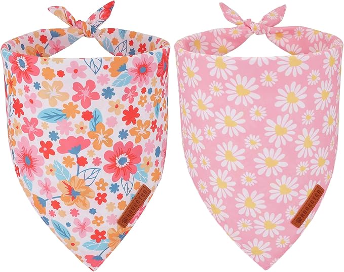 ADOGGYGO Floral Dog Bandana 2 Pack, Reversible Pink Daisy Pet Scarf Bib, Adjustable Fit Cute Flower Bandanas for Extra Large Dogs Pets (X-Large)