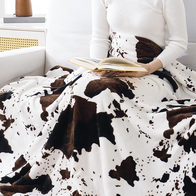 Bnuitland Cow Printed Fleece Flannel Throw Blanket, 300 GSM Double Sided Fuzzy Fluffy Blanket for Bed Sofa Couch Travel, Super Soft Lightweight for Adults and Kids, 50×60 inch