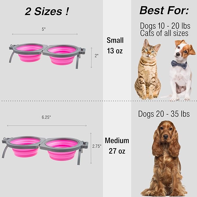 Loving Pets Bella Roma Double Diner Collapsible Dog Bowls - Silicone Dog Bowls, Foldable Bowl, Puppy Essentials & Hiking Pet Supplies Great for Home & Travel (Pink, Small)