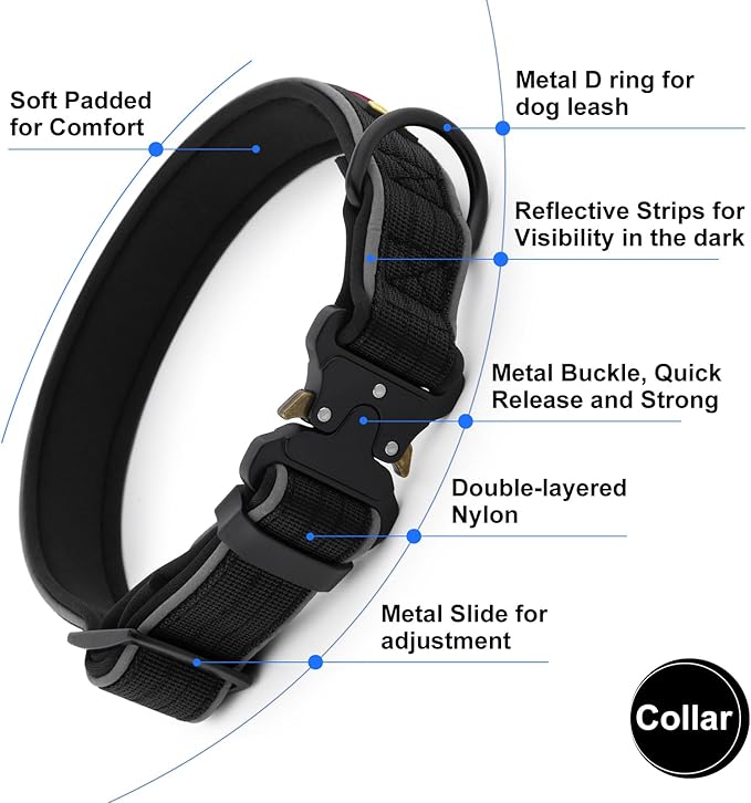Plutus Pet Tactical Dog Collar, Reflective, Adjustable Heavy Duty Dog Collar, Soft Padded and Comfortable, for Small Medium and Large Dogs (Black, XL)