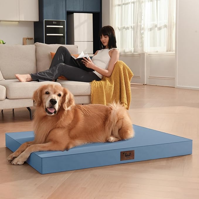 Outdoor Dog Bed for Medium Dogs, Waterproof Dog Crate Mat Orthopedic Egg Crate Foam Pet Bed with Washable Removable Oxford Cover, Blue