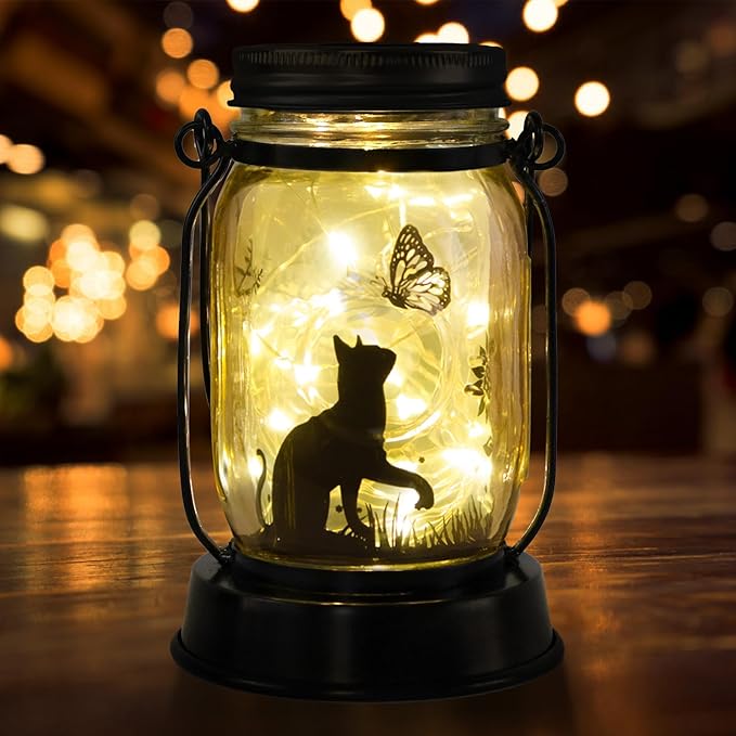 kyoryuger Cat Gifts for Women/Mom/Grandma/Sister, Cats Butterfly Solar Lights Outdoor Hanging Cat Lanterns Fairy Lights, Kitty Lamps Decor for Yard Lawn Garden Patio