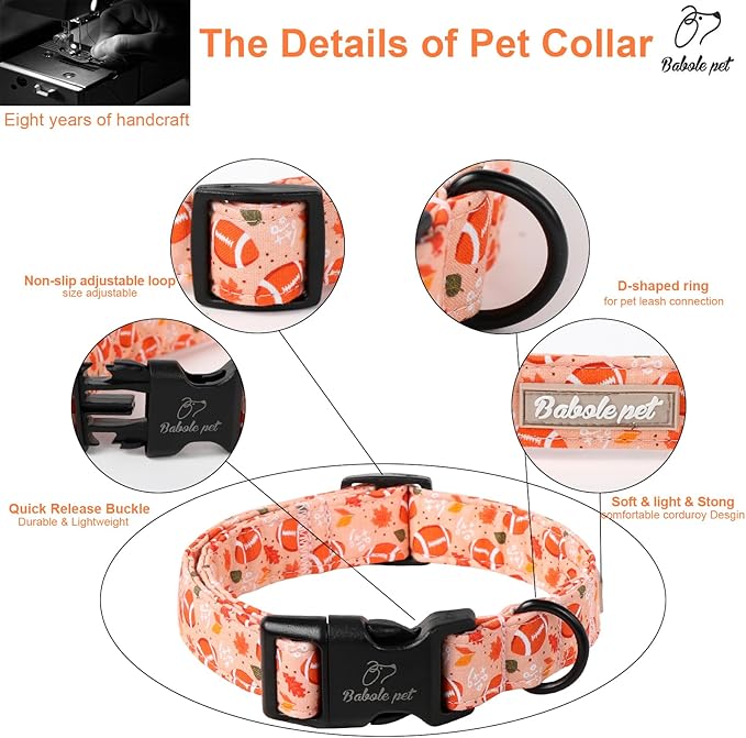 Fall Dog Collar, Cute Football Pattern Puppy Collar, Orange Adjustable Cotton Holiday Tanksgiving Dog Collars for Small Medium Large Boy&Girl Dogs XS