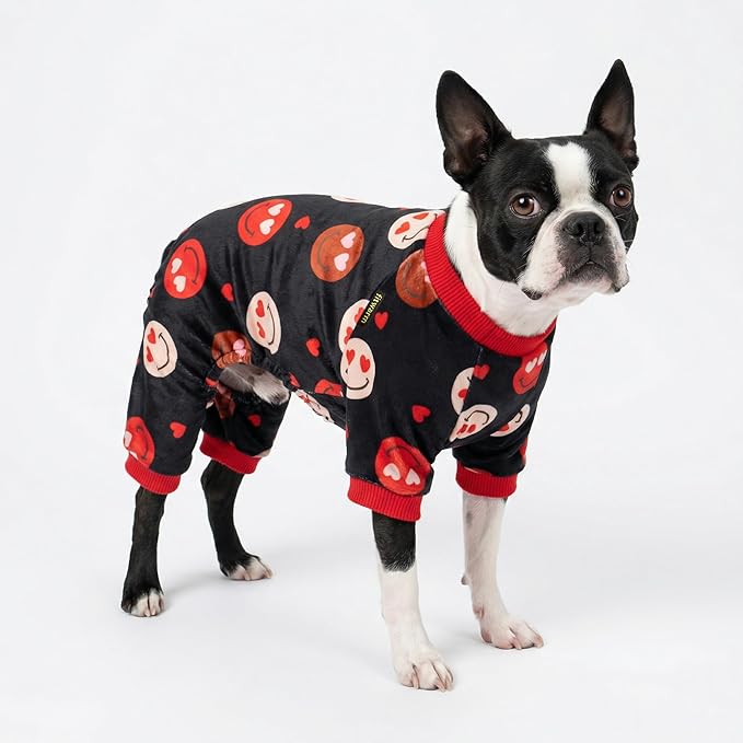 Fitwarm Hearts Eyes Smily Face Dog Pajamas, Cozy Valentines Outfit for Small Dogs Boy Girl, Festive Pet Clothes, Black, Red, XS