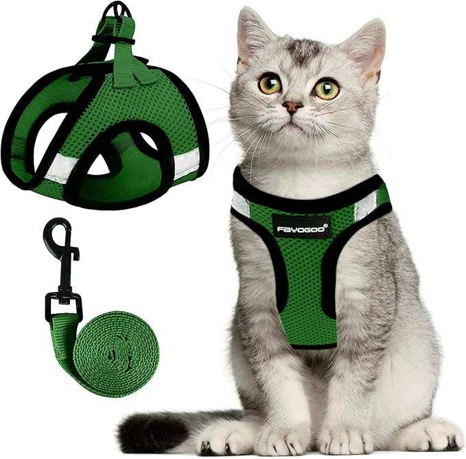 FAYOGOO Cat Harness, Escape Proof, Ultra-Light & Comfortable, Reflective Night Safety, Neon Green, Medium