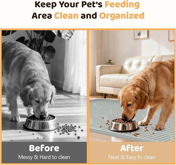 Silicone Cat & Dog Food Mat, 40" x 22" Extra Large Pet Feeding Mat for Cats and Dogs Bowl, Pet Placemat for Food and Water with Raised Edge, Waterproof, Leakproof (Grey)