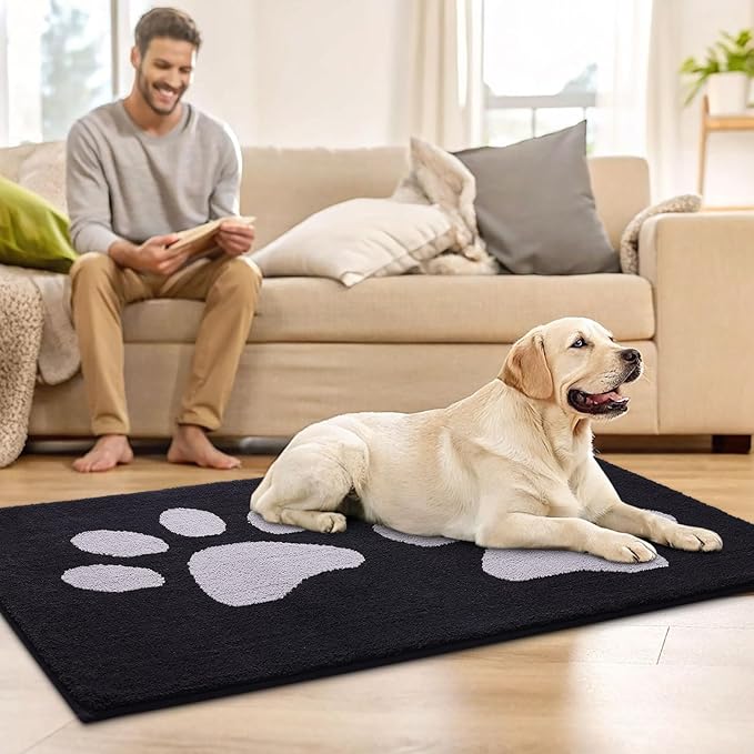 Buganda Dog Door Mat for Muddy Paws, Absorbent Dirt Trapper Washable Indoor Doormats, Non Slip Low-Profile Mud Mat for Dogs, Front Entrance Doormat for Inside Floor (70x24 Inches, Black and Grey)