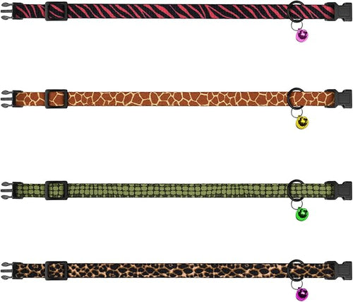 4PCS Breakaway Cat Collars with Bell - Cute Soft Adjustable Safety Kitten Collars 4-Pack - Nylon Pet Collars Nature Tribal Striped Floral Space Aztec Flowers Print (Animal Print)