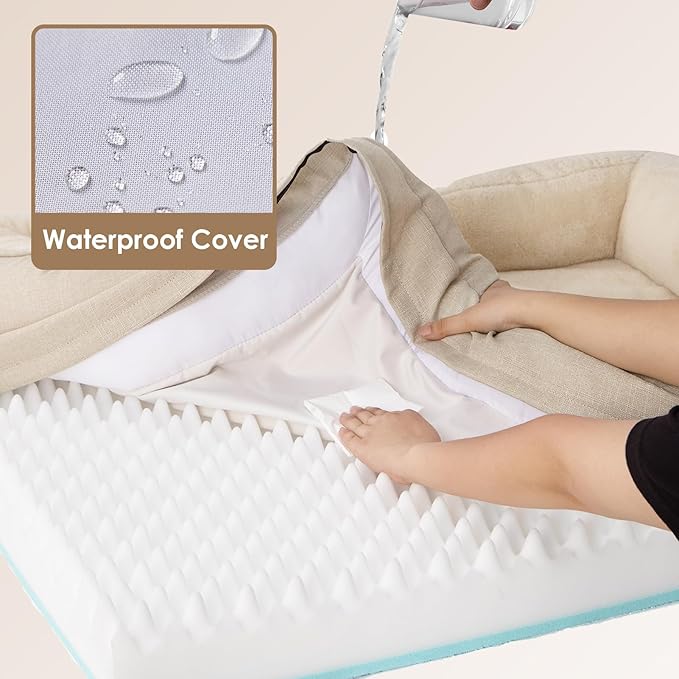 EHEYCIGA Orthopedic Dog Bed for Medium Dog, 35x22x6.5 Inch Memory Foam Dog Couch Bed with Sides, Waterproof Liner & Washable Removable Cover, Bolster Pet Sofa, Beige