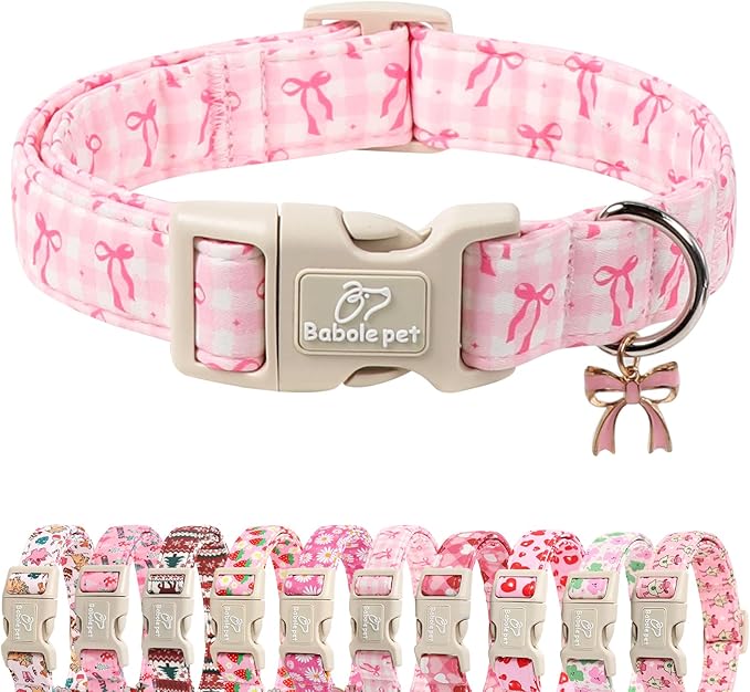 Girl Dog Collar for Small Dogs - Cute Pink Plaid & Bow Print Spring/Summer Puppy Collar, Soft Adjustable Holiday Female Dog Collars with Quick Release Buckle S