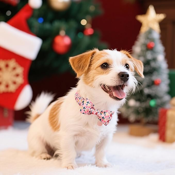 Christmas Dog Collar with Bow Tie, Pink Christmas Tree Collars for Dogs, Adjustable Pet Collar with Cute Xmas Tree Pendant, Winter Dog Accessories for Small Medium Large Dogs L