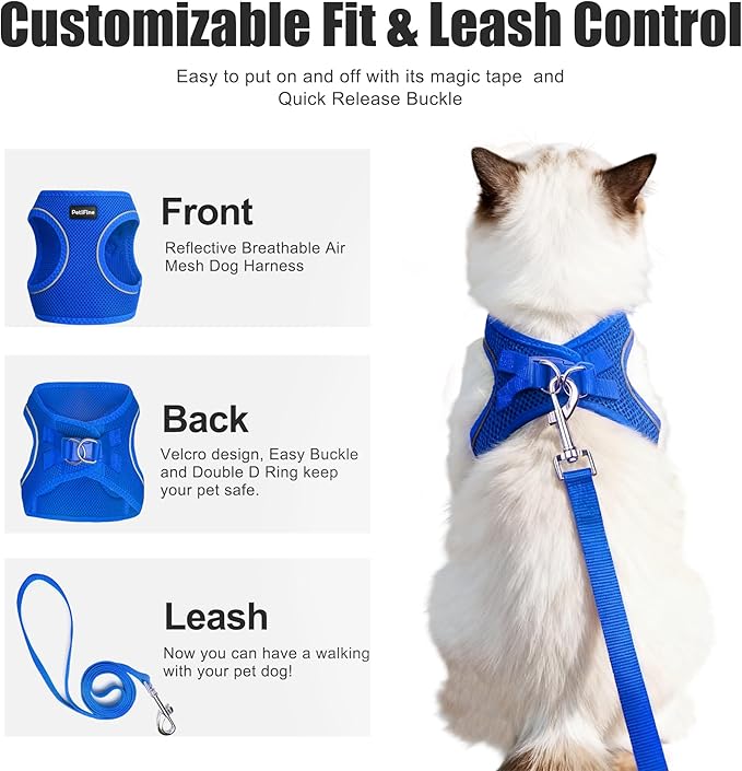 PetiFine Extra Small Step in Dog Harness and Leash Set, Cat Harness and Leash Escape Proof, All Weather Mesh Reflective, Step-in Velcro Air Vest Harnesses for Puppy(XXXS, Blue)