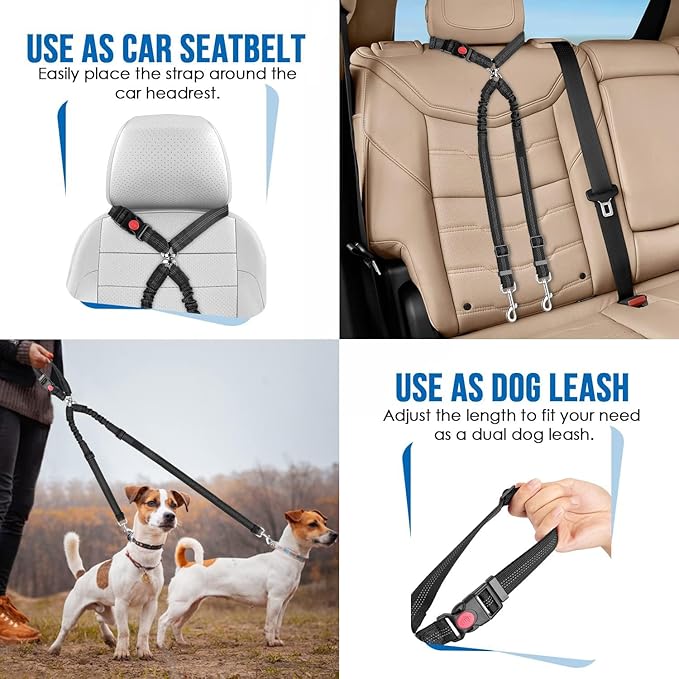 Dog Seat Belt for Car, Dual Pet Vehicle Headrest Restraint Safety Seatbelt,Two Dog Leash No Tangle Dog Car Leash Seat Belt,Duty Adjust Elastic Connect Harness in Vehicle Travel(Black)