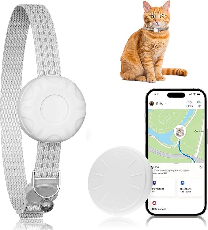 GPS Tracker for Cats, Cat Tracker, Compatible with Apple Find My App (Only iOS), No Monthly Fee, Waterproof, Breakaway Collar Included(White Tracker, White Cat Collar)