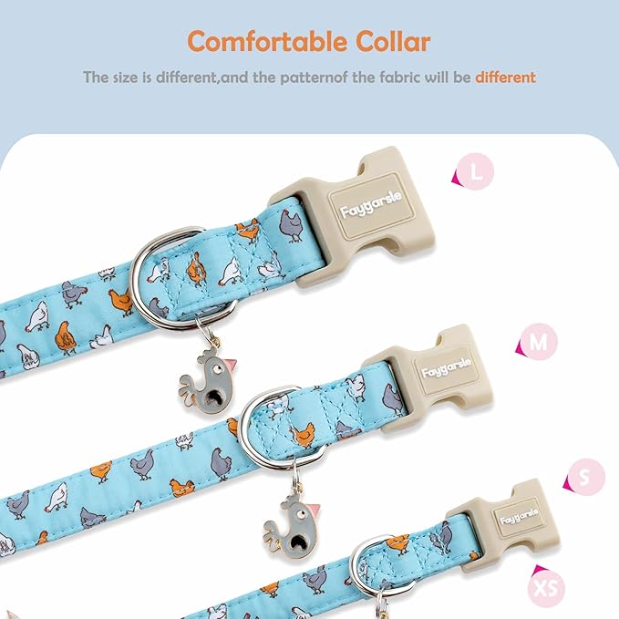 Faygarsle Funny Chicken Pattern Dog Collar, Cotton Fabric, Light Blue with Farm Animal Print for Small Medium Large Dogs XS