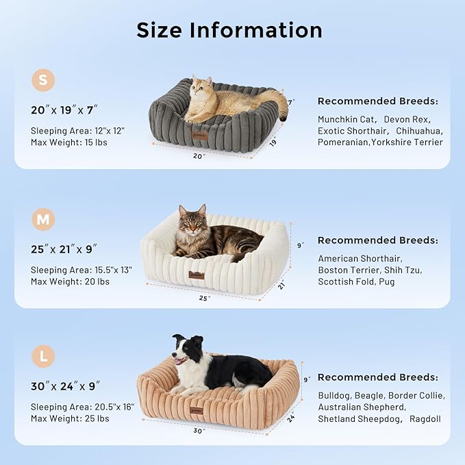 Large Cat Beds - Orthopedic Dog Bed for Medium Dogs, Rectangle Pet Bed with Fluffy Removable Washable Cover, 25x21x9inches, Cream