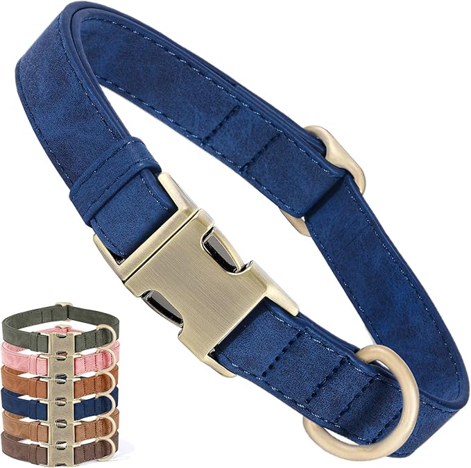 Genuine Leather Dog Collar - Adjustable Pet Collar with Quick Release Metal Buckle, Soft Skin Friendly Real Leather Collar for Small, Medium, Large Dogs (Blue, S：Fit 8-16" Neck)