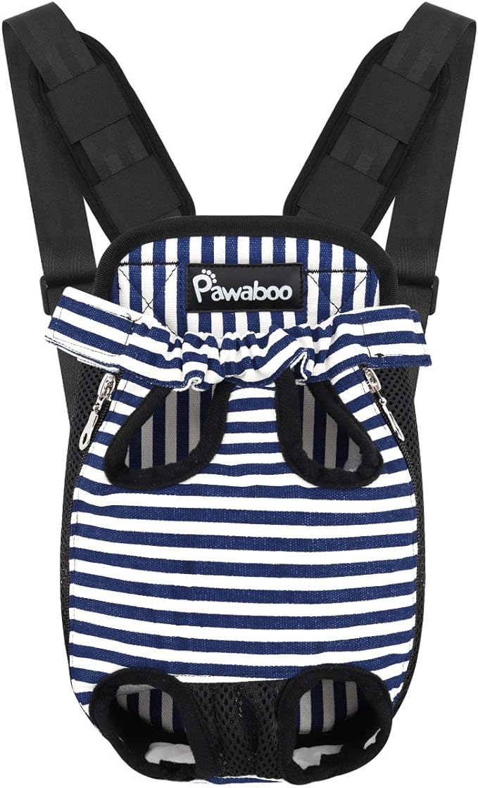 Pawaboo Pet Carrier Backpack, Adjustable Pet Front Cat Dog Carrier Backpack Travel Bag, Legs Out, Easy-Fit for Traveling Hiking Camping for Small Medium Dogs Cats Puppies, Medium, Blue & White Stripes