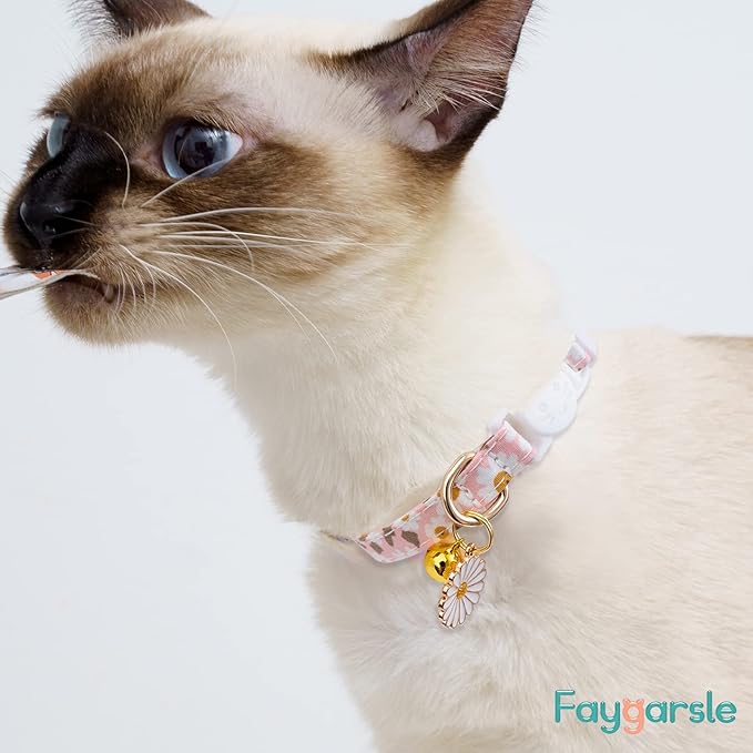 Faygarsle 3 Pack Cotton Safe Breakaway Cat Collars with Bell Daisy Charm Green Blue Pink Kitty Kitten Cute Cat Collars for Girl Cats Female Cats