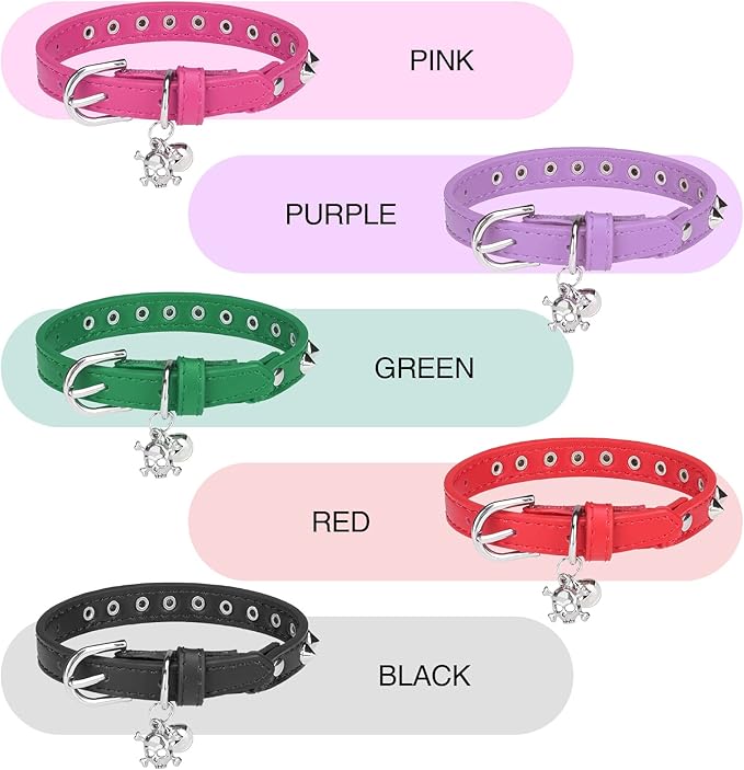 Leather Cat Collars for Boy Girl Cats with Bell and Safety Elastic Belt, Personalized Rivets Stud Adjustable Safe Buckle Collar with Skull Charm for Kitty Small Pets, Black 7"-9"