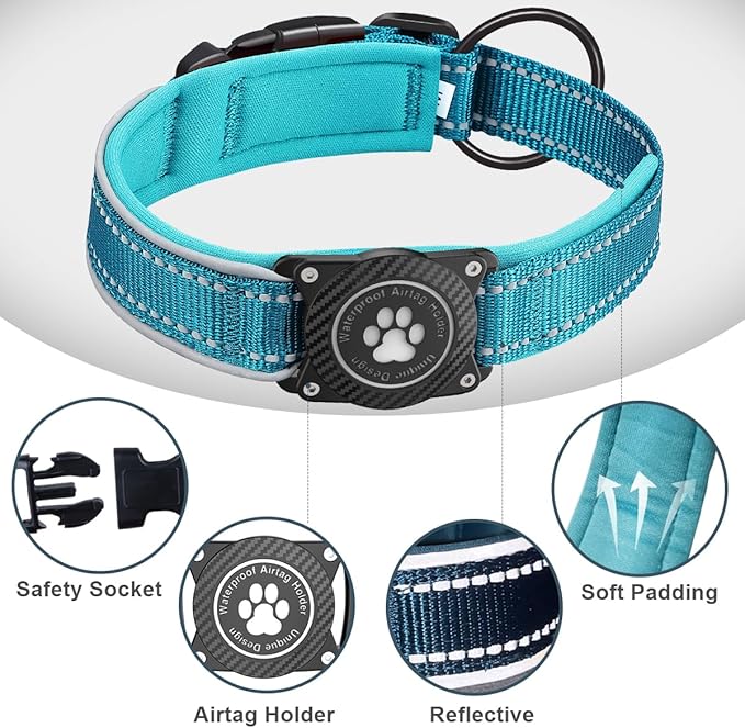 Airtag Dog Collar with Waterproof Air Tag Holder, Luminous Reflective, Soft Padded, Adjustable Nylon Pet Collar for Small Medium Large Heavy Duty Dogs,Blue, L