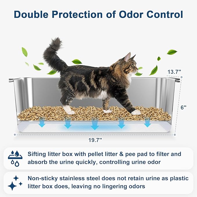 19.6''x13.7''x6'' Suzzipaws Stainless Steel Litter Box, Open Top Sifting Litter Box for Pine Pellets, Metal Litter Pan Tray System with Pee Pads & Liners, Odor Control, Low Dust, Easy Cleaning