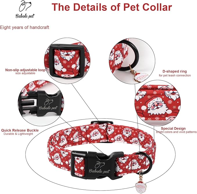Christmas Dog Collar - Cute Red Santa Christmas Puppy Collar with Safety Buckle, Soft Adjustable Holiday Dog Collars for Small Medium Large Dogs XS