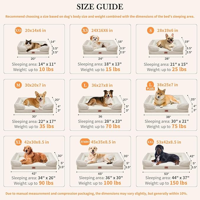 Comfort Expression Orthopedic Dog Bed for Extra Large Dogs 53x42 Inch, Waterproof Supportive Egg Crate Foam XXL Pet Bed with Removable Bolsters, Dog Couch with Washable Cover & Non-Slip Bottom, Beige