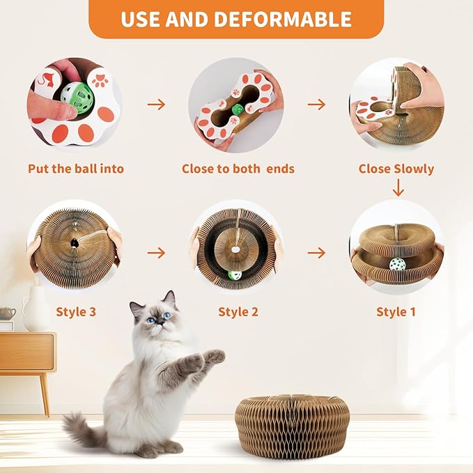 Collapsible Cats Cardboard Scratcher, Interactive Cat Toys for Indoor Cats, Scratch Pad Shape Shifting Ball Track with Bell, Magic Organ Cat Toy for Chase & Scratch Paw Easter Toys for Kitties Pink