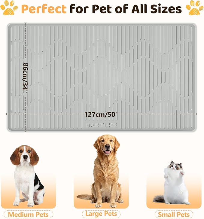 Silicone Cat & Dog Food Mat, 50" x 34" Extra Large Pet Feeding Mat for Cats and Dogs Bowl, Pet Placemat for Food and Water with Raised Edge, Waterproof, Leakproof (Grey)