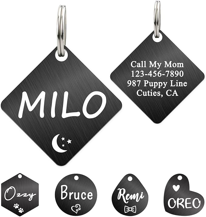 Ultra Joys Dog ID Tag, Custom Dog Tag Personalized Cat Tag, Pet ID Tag, Brushed Stainless Steel Diamond Dog Tag Black Small