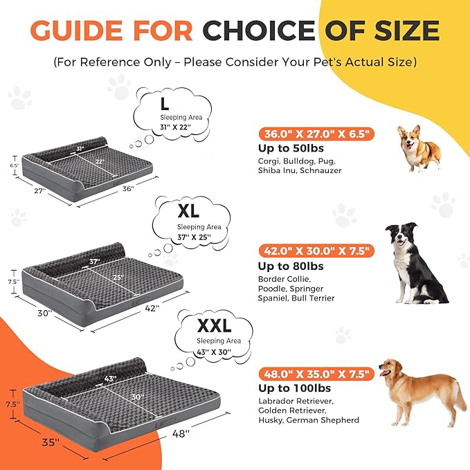 Dog Bed Large Sized Dogs, XL Orthopedic Dog Bed for Large Dogs, Waterproof Pet Bed with Washable Removable Cover, L-Shaped Pet Couch with Portable Handle 42"x30"x7.5", Dark Grey
