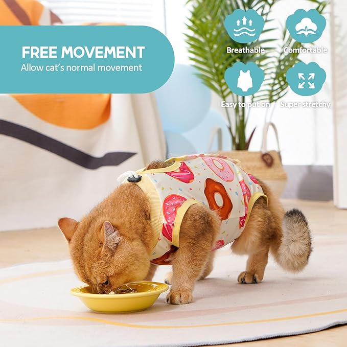 Avont Cat Recovery Suit - Kitten Onesie for Cats After Surgery, Cone of Shame Alternative Surgical Spay Suit for Female Cat, Post-Surgery or Skin Diseases Protection -Donut(S)