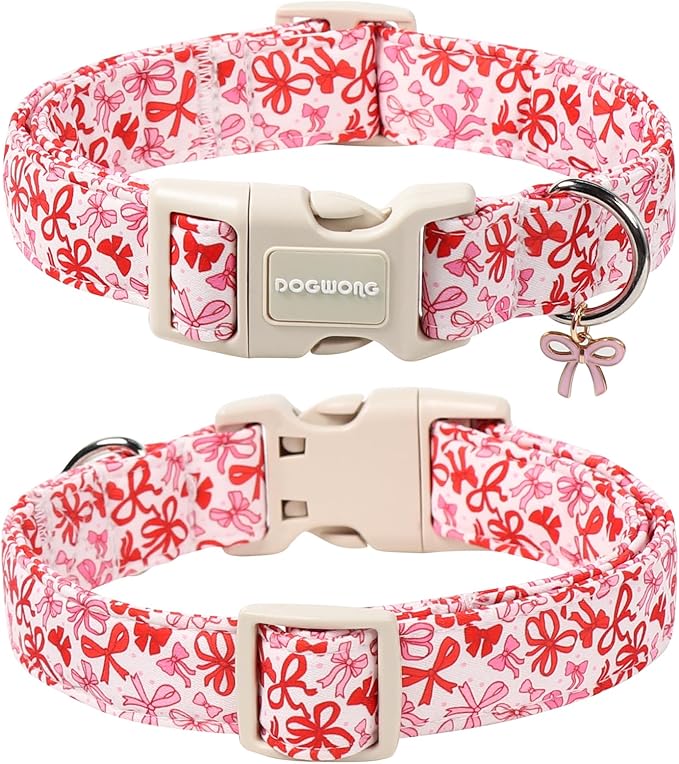 DOGWONG Cute Dog Collar, Pink Bow Pattern Dog Collar, Girl Female Dog Collars with Strong Plastic Buckle for Small Dogs,XS
