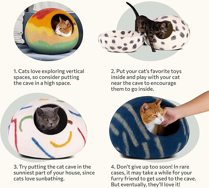 MEOWFIA Cat Cave – Premium Felt Cat Bed for Indoor Cats, Handmade Merino Wool (Ivory Rainbow, Medium)