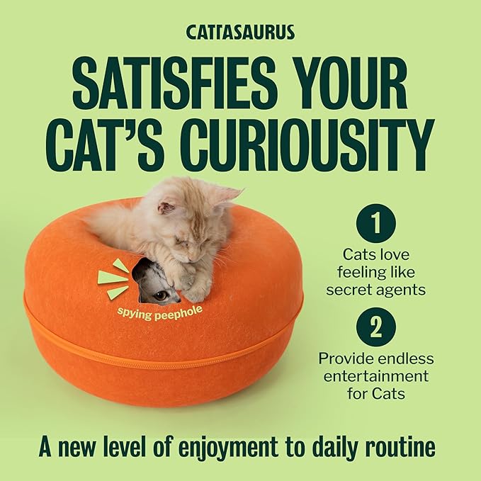 Cattasaurus Peekaboo Cat Cave Donut for Multiple & Large Cats up to 30-45 lbs, 3-in-1 Self Warming Cat Bed, Tunnel & Scratcher for Indoor Cats, Washable & Detachable Small Dog Bed (Orange, Large)