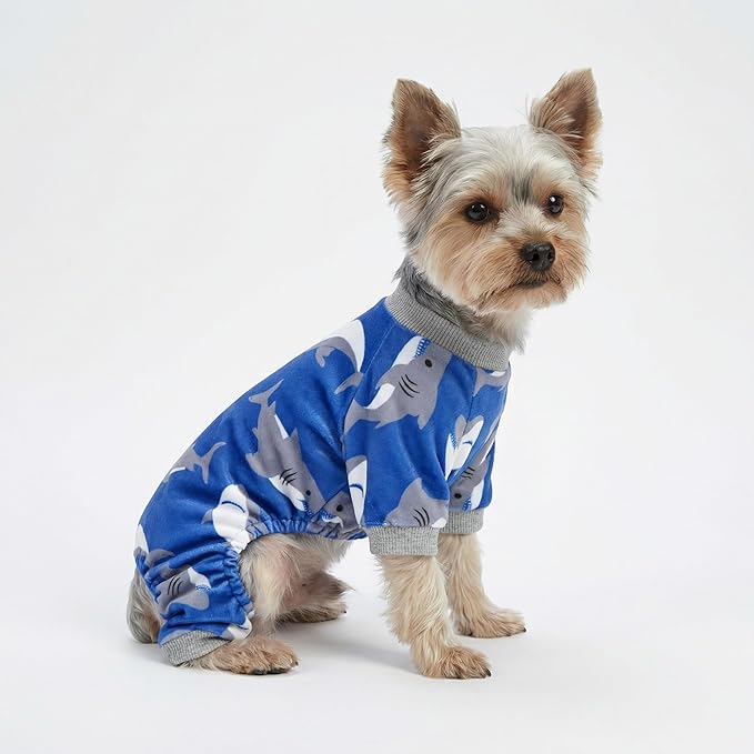 Fitwarm Shark Dog Pajamas, Dog Clothes for Small Dogs Girl Boy, Pet Onesie with Feet, Cat Outfit, Lightweight Velvet, Royal Blue, Large