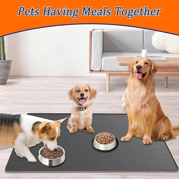 XXXXL Largest Pet Food Mat, 51.2"x25.6"(130cmx65cm) Silicone Dog Mats for Food and Water, Nonslip Pet Feeding Mats for Floors,Dog Cat Bowl Mat with Raised Edges, Dark Gray