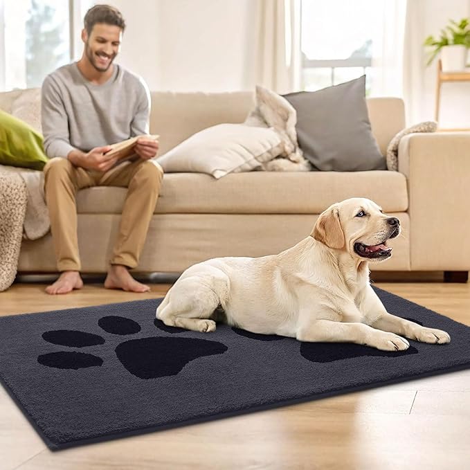 Buganda Dog Door Mat for Muddy Paws, Absorbent Dirt Trapper Washable Indoor Doormats, Non Slip Low-Profile Mud Mat for Dogs, Front Entrance Doormat for Inside Floor (48x30 Inches, Black)