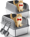 2-Pack Stainless Steel Cat Litter Box for Kitty with Scoops, Non-Stick & Easy-to-Clean Metal Cat Litter Box with Leakproof Enclosure, Grey